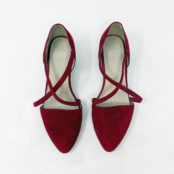 [Eileen Fisher] Red Suede Leather Poet Crisscross Straps Block Heel Pumps Sz 8.5 - Picture 7 of 11